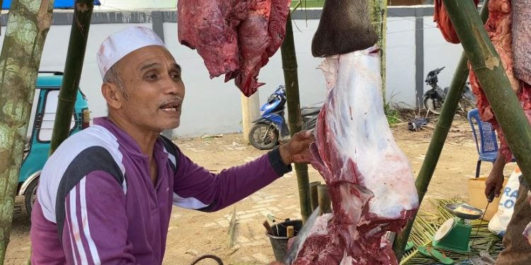 Salut! Caleg Terpilih Partai Perindo Madina Jualan Daging Sapi di Pasar Baru Panyabungan