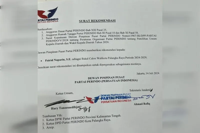 Ketua DPD Golkar Palangka Raya Kantongi Surat Rekomendasi DPP Partai Perindo