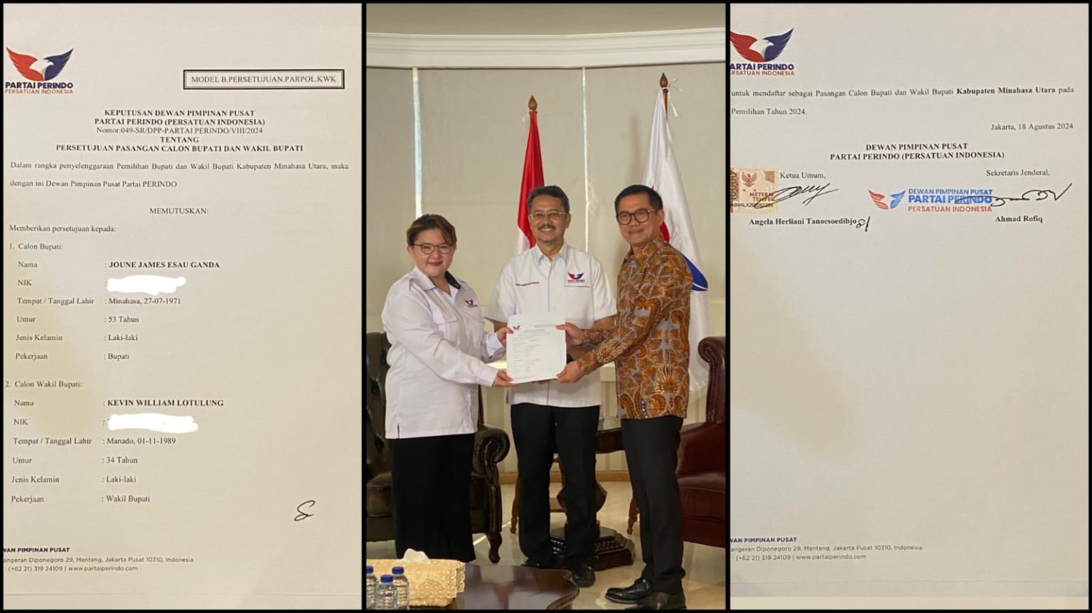 Kantongi Dukungan Partai Perindo, Paslon Joune-Kevin Siap Daftar di KPU Minut