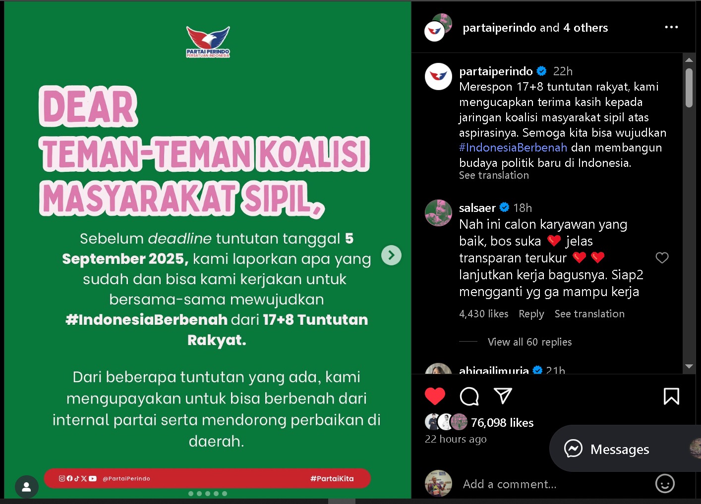 Partai Perindo Respons Cepat 17+8 Tuntutan Rakyat: Wujudkan #IndonesiaBerbenah & Bangun Budaya Politik Baru